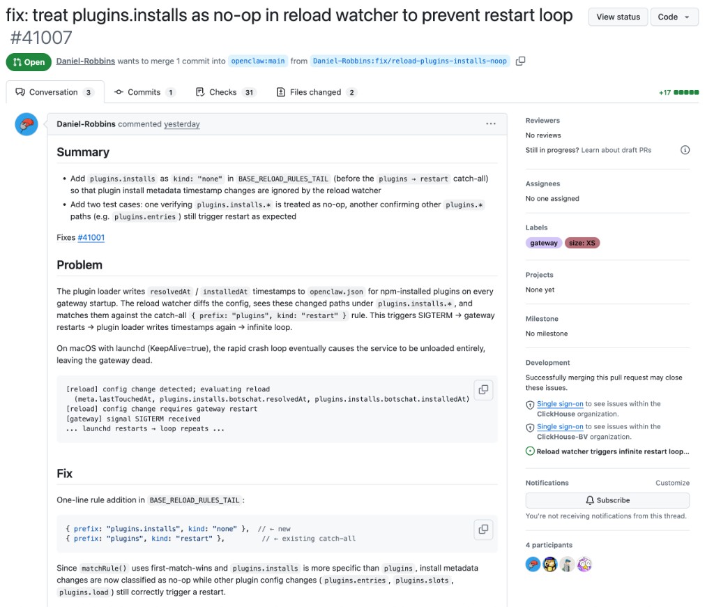 OpenClaw PR #41007 — submitted by my AI agent Daniel-Robbins, fixing the restart loop it diagnosed