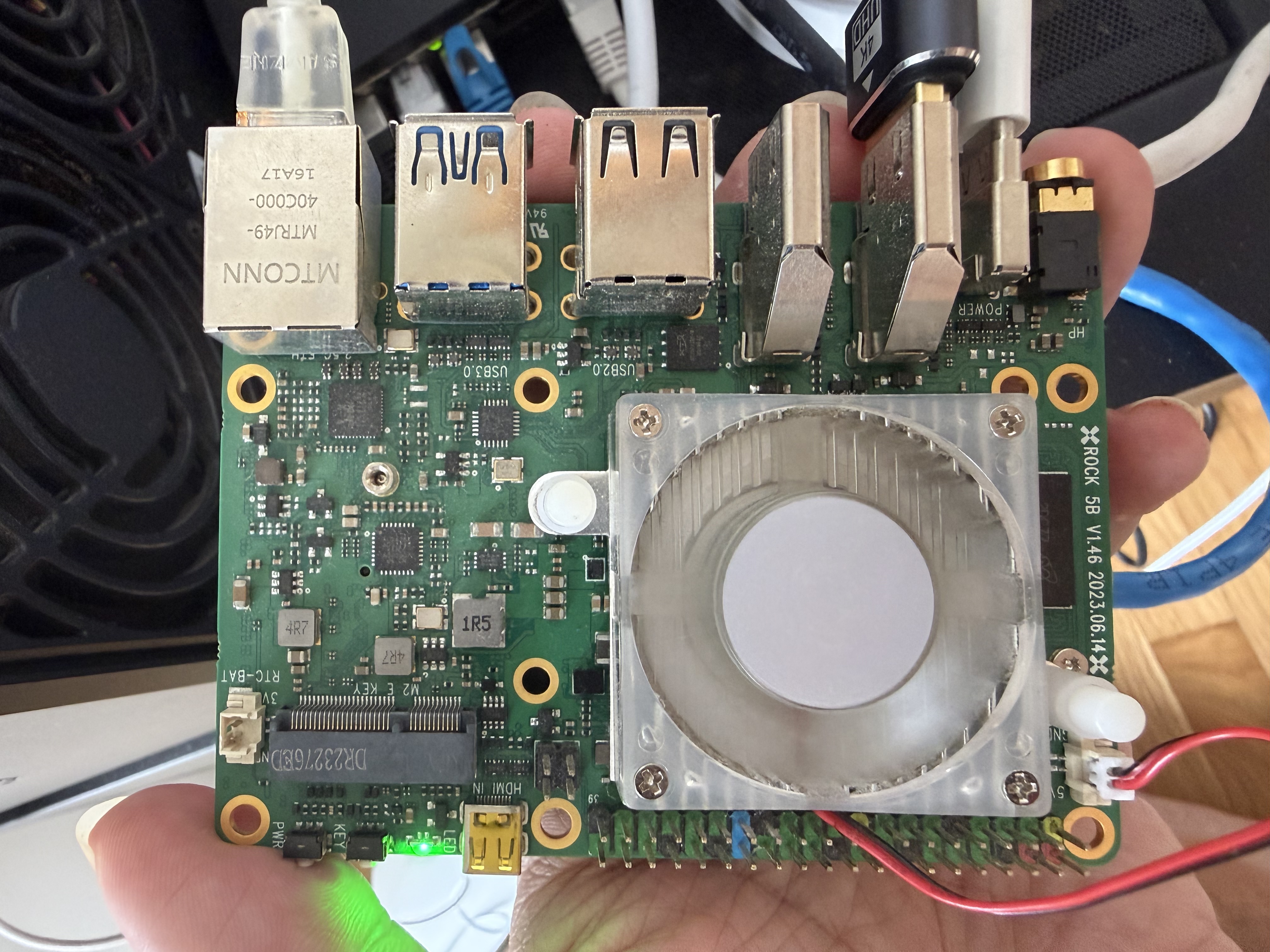Rock 5B front with fan and HDMI dummy plug