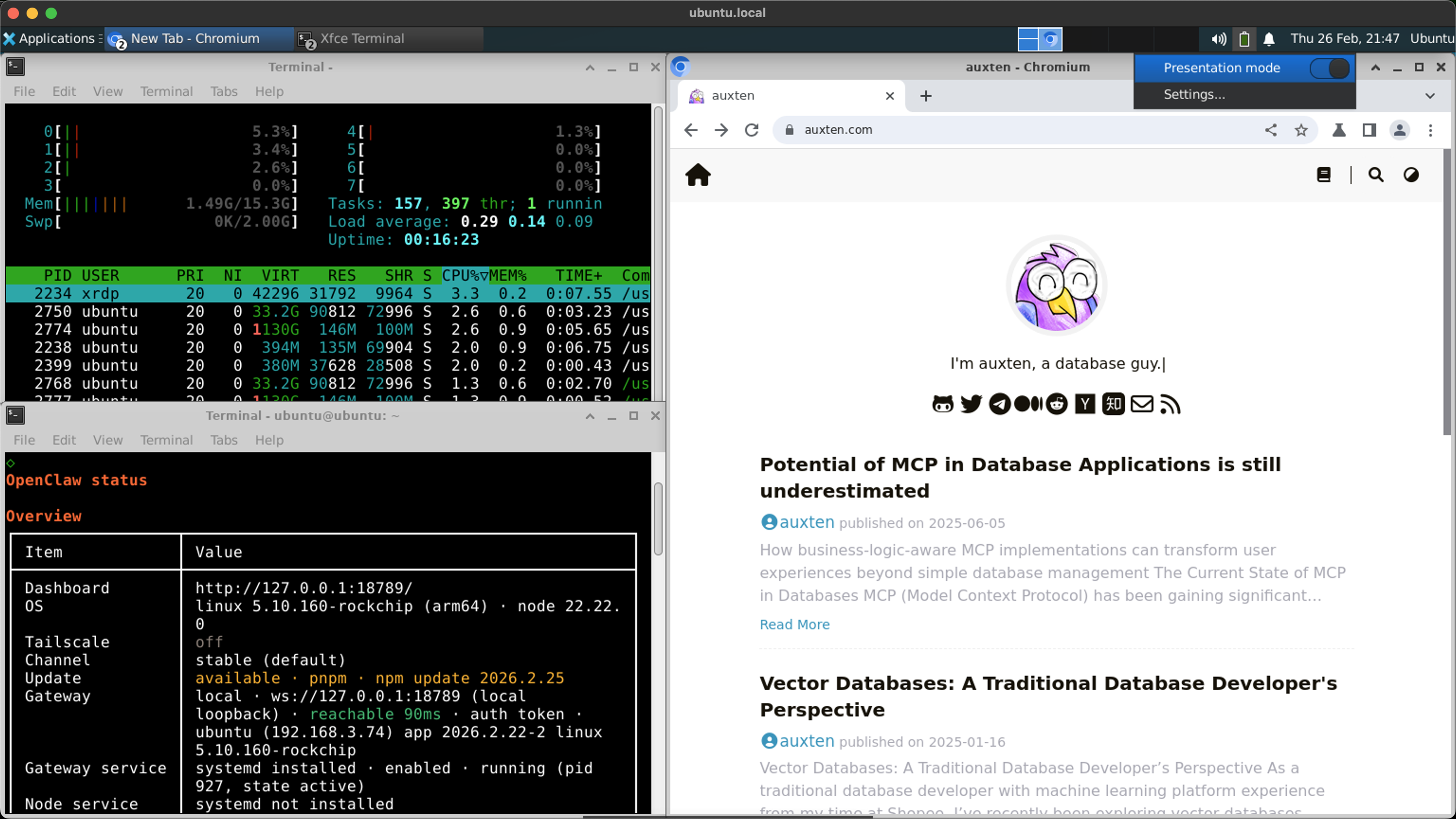 The final setup: XFCE desktop over RDP with htop, OpenClaw status, and Chromium